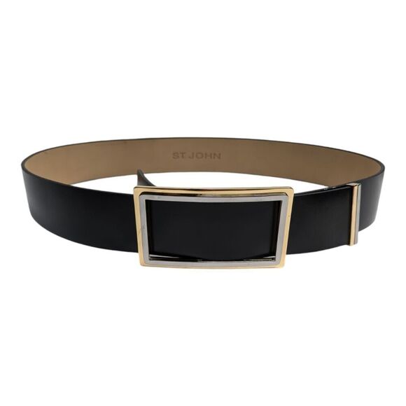 Vintage St. John Black Italian Leather Two Tone Rectangle Buckle Belt, S - Picture 1 of 8